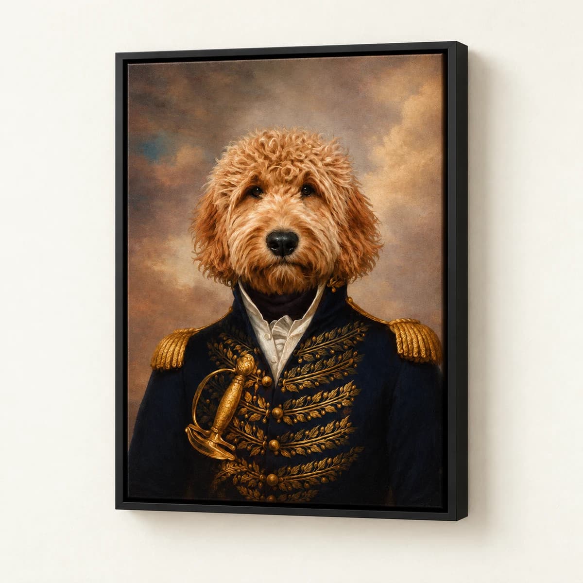 Admiral custom pet portrait in a black floating canvas frame on an ivory wall