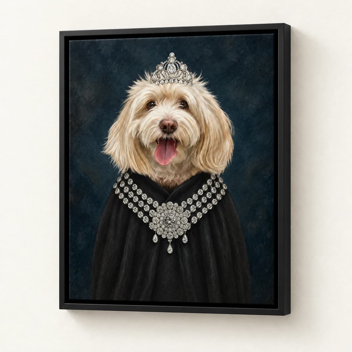 Classy Lady custom pet portrait in a black floating canvas frame on an ivory wall