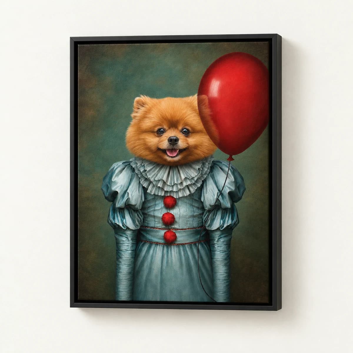 Clown custom pet portrait in a black floating canvas frame on an ivory wall