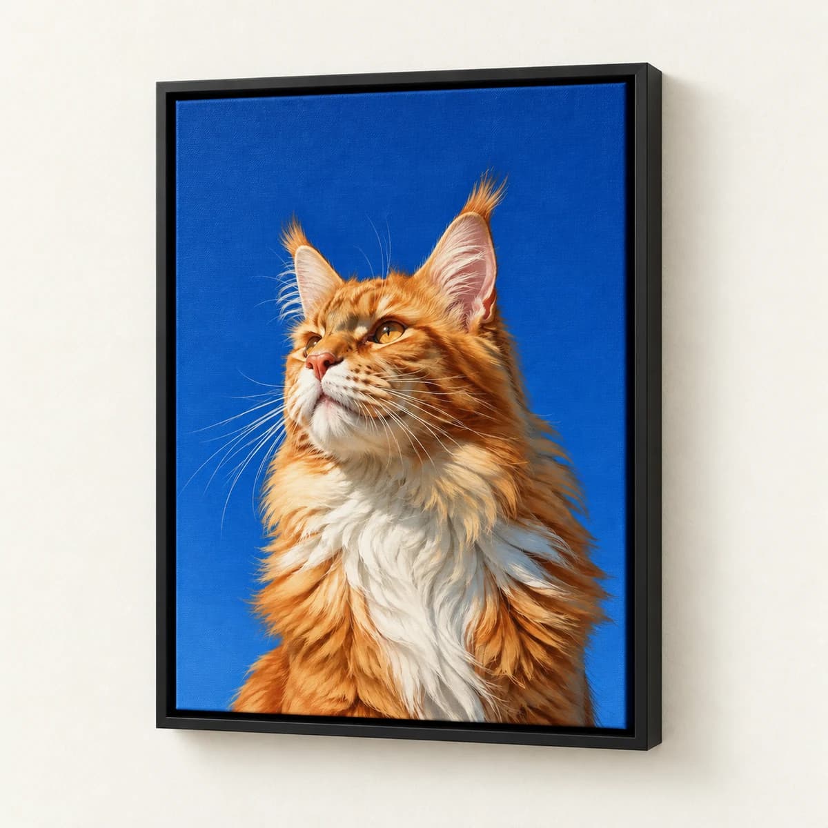 Daydream custom pet portrait in a black floating canvas frame on an ivory wall