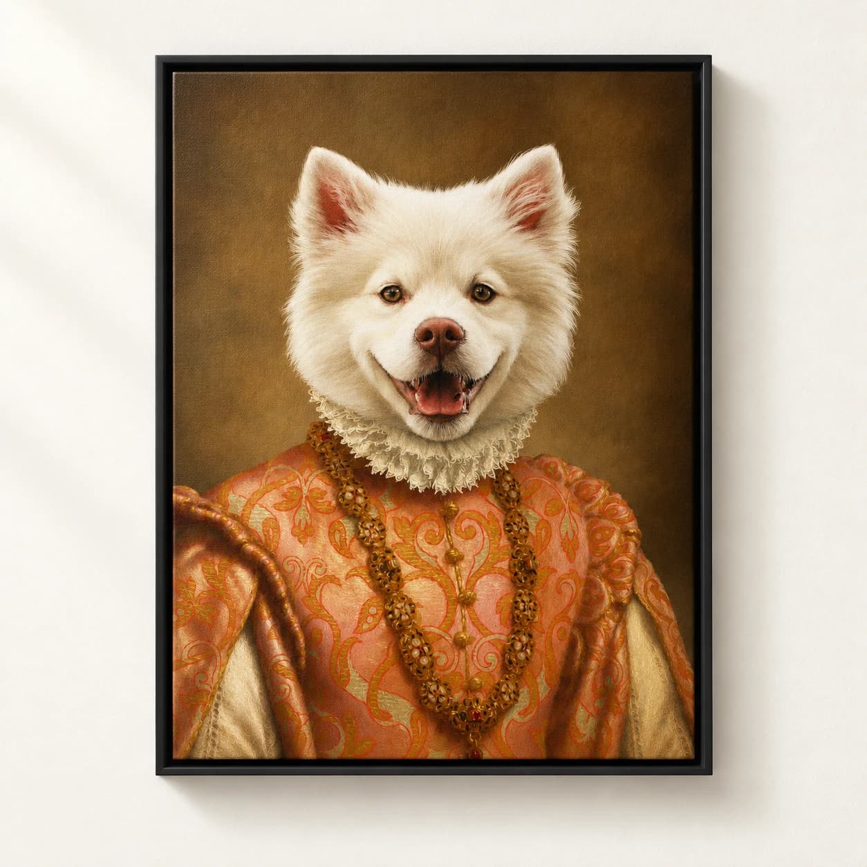 Heiress custom pet portrait in a black floating canvas frame on an ivory wall