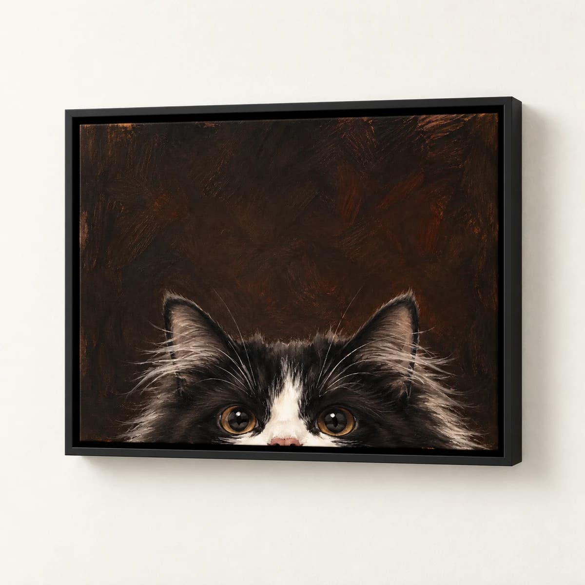 Hideaway custom pet portrait in a black floating canvas frame on an ivory wall