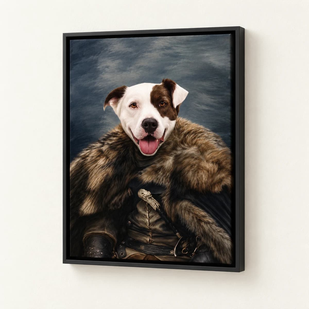 Jon Paw custom pet portrait in a black floating canvas frame on an ivory wall