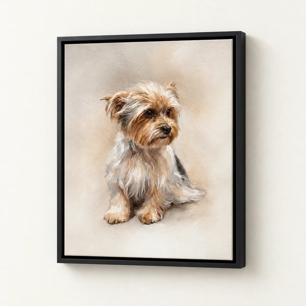 Oil Paint custom pet portrait in a black floating canvas frame on an ivory wall