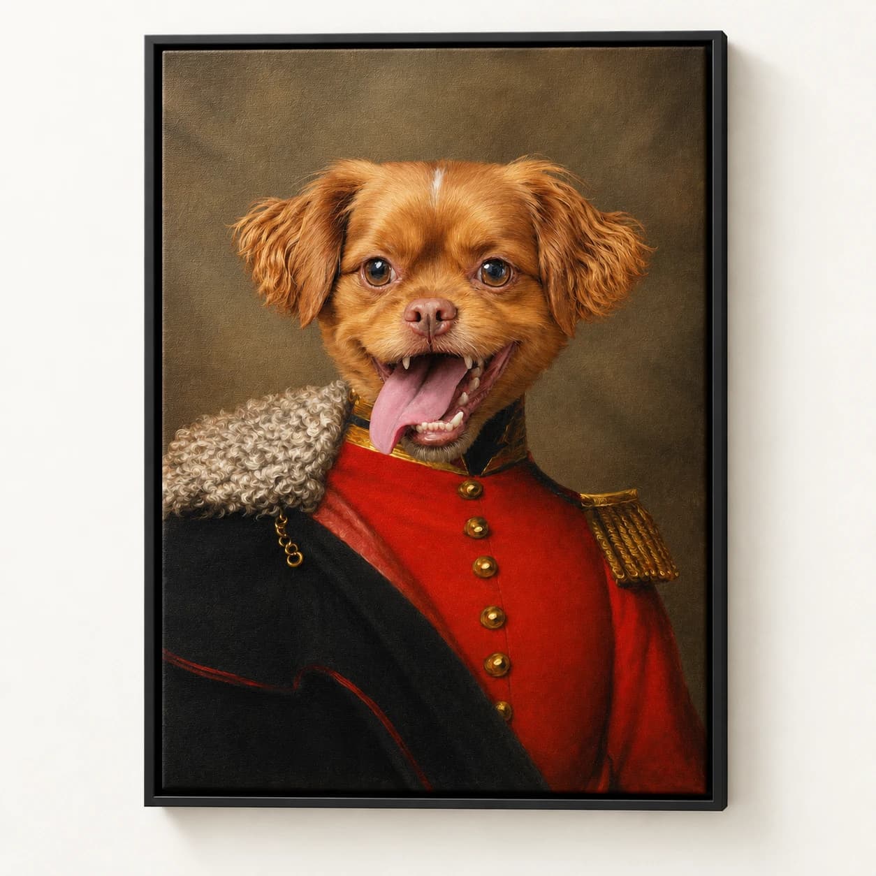 Prince custom pet portrait in a black floating canvas frame on an ivory wall