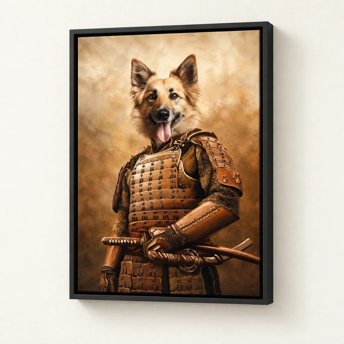 Samurai custom pet portrait in a black floating canvas frame on an ivory wall