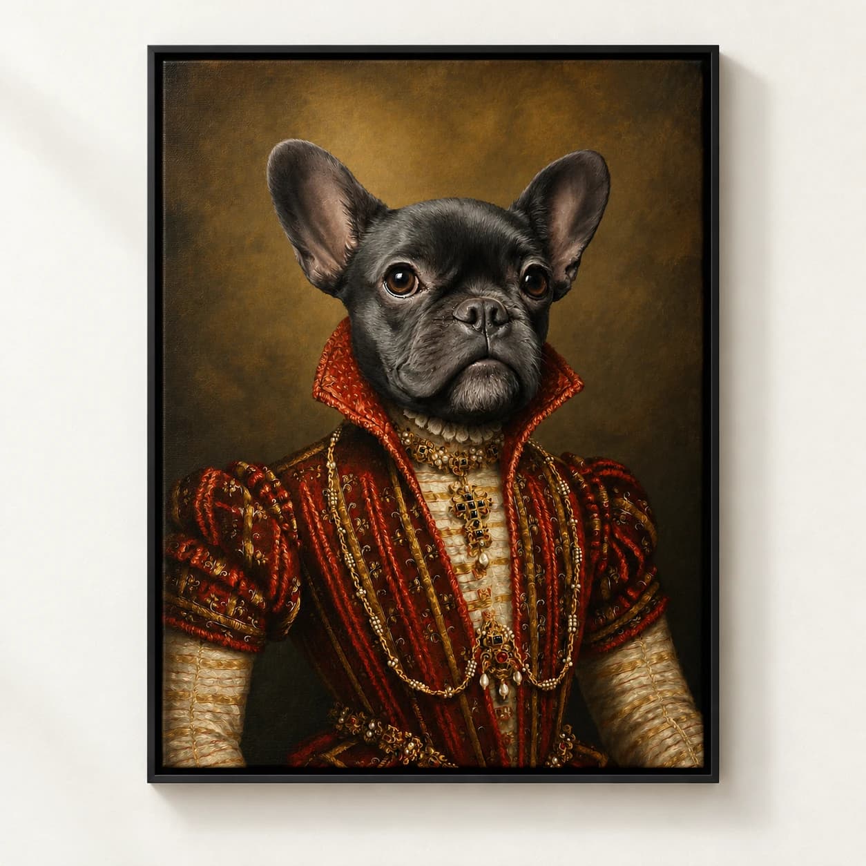The Baroness custom pet portrait in a black floating canvas frame on an ivory wall