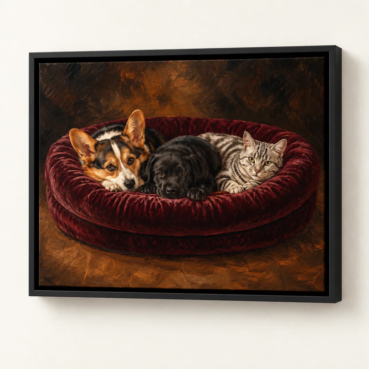 The Pack custom pet portrait in a black floating canvas frame on an ivory wall