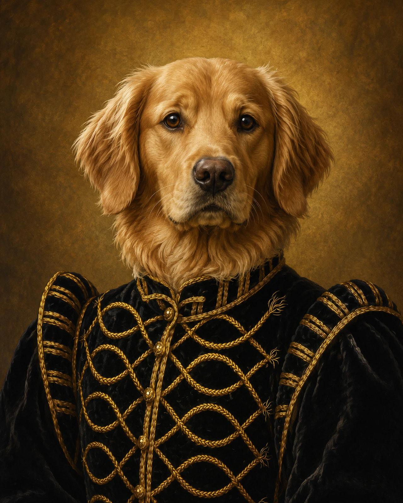 Noble custom pet portrait in a black floating canvas frame on an ivory wall
