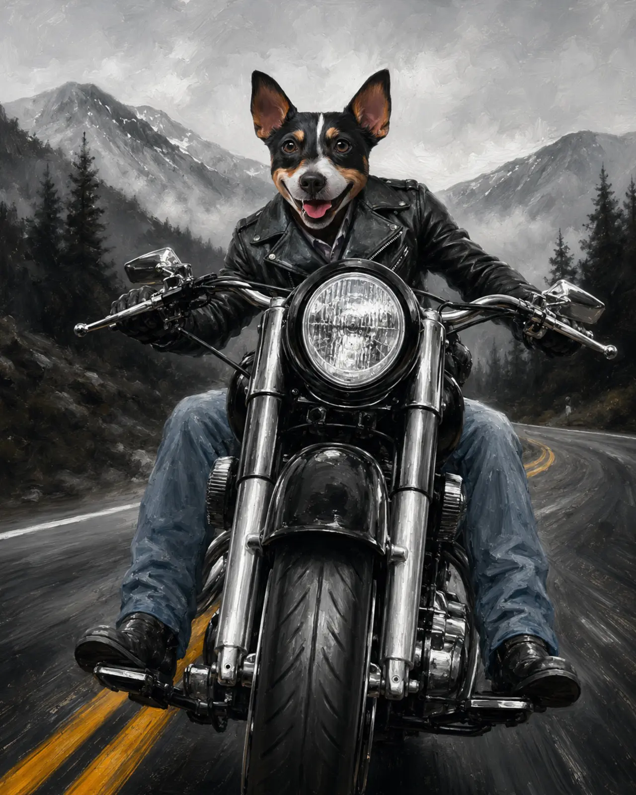 Rider custom pet portrait in a black floating canvas frame on an ivory wall